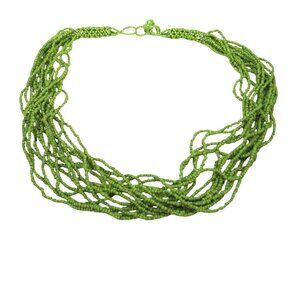 Green Multi Strand Glass Seed Beaded Necklace Ethnic Retro Boho 23 inch